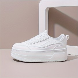 [Chunky Sneakers] Comfortable Chunky Platform Sneakers | Women’s White Shoes, Lace-Up Casual Style, PU Cover Upper & TPR Sole - Perfect for Casual Attire, Students & Short Women, High Top Sneakers