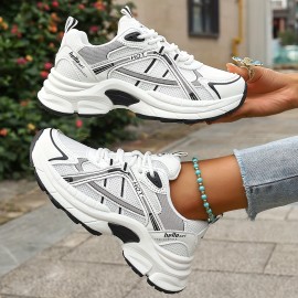 One Size Smaller Women's Minimalist Black and White Thick-Sole Lace-Up Sneakers, Breathable Mesh Material, Comfortable for Daily Wear and Light Sports