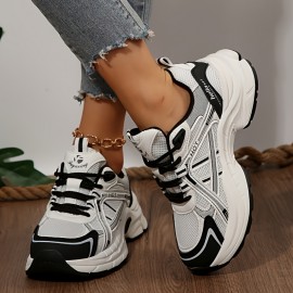 One Size Smaller Women's Minimalist Black and White Thick-Sole Lace-Up Sneakers, Breathable Mesh Material, Comfortable for Daily Wear and Light Sports