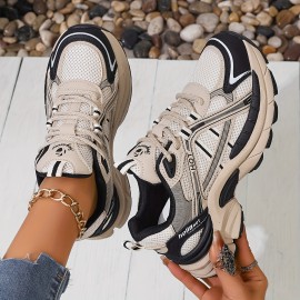 One Size Smaller Women's Minimalist Black and White Thick-Sole Lace-Up Sneakers, Breathable Mesh Material, Comfortable for Daily Wear and Light Sports