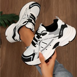 One Size Smaller Women's Minimalist Black and White Thick-Sole Lace-Up Sneakers, Breathable Mesh Material, Comfortable for Daily Wear and Light Sports