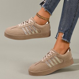 Women'S British Style Vertical Stripe Sneakers - Beige & White Low-Top Lace-Up Casual Shoes with Golden Accents, Breathable Fabric Upper & Synthetic Cover Lining, All-Season Versatile for Casual Attire, Ladies Sneakers, Beige And Brown Women'S Sneakers, Women'S Tan Shoes, Sneaker Woman Aesthetic, Comfortable Women'S Sneakers, Lady'S Casual Sneakers, Sneaker For Women, Shoe For Women, Shoe For Woman, Sneaker For Woman