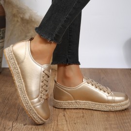 New Women's Golden Casual Sneakers - Versatile Lace-Up Low-Top Design with PU Cover Upper & Breathable Mesh Lining, Comfortable TPR Sole for All-Season Wear, Perfect for Everyday Outfits & Casual Outings, Outfit Complements, Plain Shoe Style, Durable Footwear