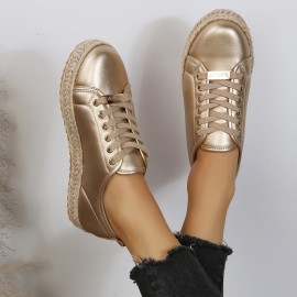 New Women's Golden Casual Sneakers - Versatile Lace-Up Low-Top Design with PU Cover Upper & Breathable Mesh Lining, Comfortable TPR Sole for All-Season Wear, Perfect for Everyday Outfits & Casual Outings, Outfit Complements, Plain Shoe Style, Durable Footwear