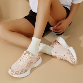 Desai Women'S Breathable Mesh Sneakers with Thick Cushioned PVC Sole - Lightweight Low-Top Lace-Up Running Shoes, All-Season Casual Outdoor Shoes in Beige & White, Ladies Sneakers, Comfortable Fabric Insole