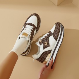 Dési Women's Low-Top Lace-Up Sneakers - Black & Golden Geometric Pattern Design, Breathable Fabric & PU Cover Upper, Cushioned PVC Sole for All-Season Comfort, Casual Running Shoes for Casual Attire