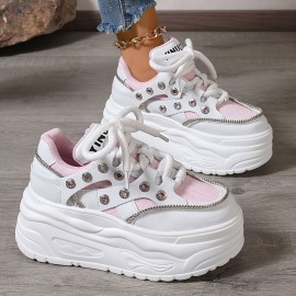 Women's Chunky Platform Sneakers - Mid Top EVA Lace-up Fashion Shoes with Round Toe, Fabric Upper & Lining, Polyurethane Sole for All-Season Comfort