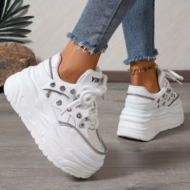 Women's Chunky Platform Sneakers - Mid Top EVA Lace-up Fashion Shoes with Round Toe, Fabric Upper & Lining, Polyurethane Sole for All-Season Comfort