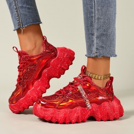Women'S Red Glittery Platform Sneakers - Trendy Thick Sole, Comfortable & Easy to Wear, Lace-Up Low-Top Design with Round Toe, PU Cover Upper & Rubber Sole for All-Season Fashion, Ladies Sneakers, Shoe/sneaker For Women