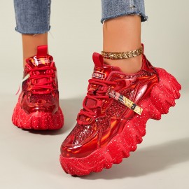 Women'S Red Glittery Platform Sneakers - Trendy Thick Sole, Comfortable & Easy to Wear, Lace-Up Low-Top Design with Round Toe, PU Cover Upper & Rubber Sole for All-Season Fashion, Ladies Sneakers, Shoe/sneaker For Women