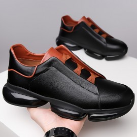 Men's Slip-On Casual Sneakers - Black Synthetic Low-Top Shoes with Round Toe, Rubber Sole, and Comfortable PU Inner Lining for Casual Attire