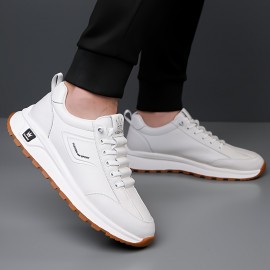 Men's All-Season Breathable White Sneakers - Casual & Sporty, Non-Slip Soft Rubber Sole, Low-Top Design with Pull Tab, Comfortable Microfiber Upper for Casual Attire
