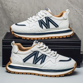 Men'S Breathable Fashion Sneakers - Lightweight, Durable Thick Sole Casual Shoes, Low-Top Lace-Up, All-Season Wear, White with Blue & Black Accents, Everyday Sneakers | Trendy Dad Shoes | Comfortable Fit