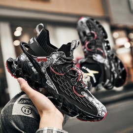 Men'S Lightweight Breathable Sneakers - Stylish Black & Red Wing Design, Comfortable Low-Top Lace-Up Shoes for Casual & Sporty Wear, All-Season Versatile Footwear, Sneakers | Wingtip Design | EVA Sole Sneakers