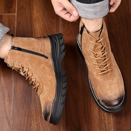 Men'S High-Top Faux Motorcycle Boots with Thick Rubber Sole, Warm Lining, and Side Zipper - Versatile for All Seasons, Casual Style, Brown, Casual Boots|Stylish High Top Boots|Rubber Sole Boots