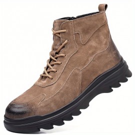 Men'S High-Top Faux Motorcycle Boots with Thick Rubber Sole, Warm Lining, and Side Zipper - Versatile for All Seasons, Casual Style, Brown, Casual Boots|Stylish High Top Boots|Rubber Sole Boots