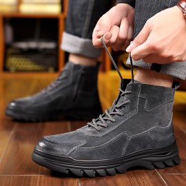 Men'S High-Top Faux Motorcycle Boots with Thick Rubber Sole, Warm Lining, and Side Zipper - Versatile for All Seasons, Casual Style, Brown, Casual Boots|Stylish High Top Boots|Rubber Sole Boots