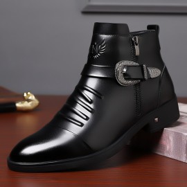 Men'S Business Formal Short Boots, Retro Carved Buckle and Convenient Side Zipper Design, Embossed Pattern on the Shoe Surface, Suitable for 11 Festivals, Fashionable Pointed Toe Ankle Boots for Weddings and Formal Occasions, Casual Dress Shoe For Men, Cowboy Boot For Men, Ankle Boot For Men, Snow Boot For Men, Men'S Medium-length Lightweight Boots