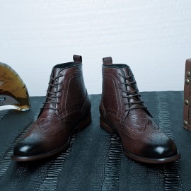 Men'S British Style Brogue High-Top Boots - Soft Faux Upper, Non-Slip Rubber Sole, Lace-Up Mid-Calf Boots for All-Season Casual & Formal Wear, Durable & Comfortable Design, Formal Footwear, Classic Round Toe, Durable Footwear, Men Boot, Boot For Men Suit, Men Thermal Dress Boot, Fleece-lined Insoles, Cold-weather Fleece-lined Jeans, Men Dress Shoe, Men Boots, Men Shoe