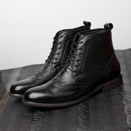 Men'S British Style Brogue High-Top Boots - Soft Faux Upper, Non-Slip Rubber Sole, Lace-Up Mid-Calf Boots for All-Season Casual & Formal Wear, Durable & Comfortable Design, Formal Footwear, Classic Round Toe, Durable Footwear, Men Boot, Boot For Men Suit, Men Thermal Dress Boot, Fleece-lined Insoles, Cold-weather Fleece-lined Jeans, Men Dress Shoe, Men Boots, Men Shoe