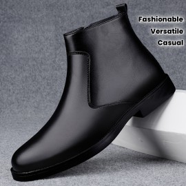 Men's Mid-Calf Boots - Stylish Retro Ankle Boots with Zipper Closure, Glossy Upper & Slip-Resistant Rubber Sole, Black Versatile Boots for Casual & Formal Outfits, Sleek Boot Design