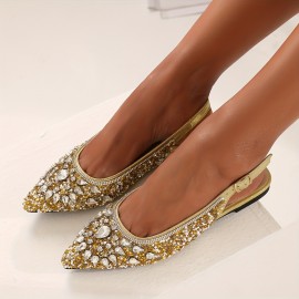 Sparkling Rhinestone-Encrusted Women's Pointed-Toe Mules - Elegant Open-Toe Sandals with Ankle Strap & Buckle Closure, Glittering Synthetic Cover Upper, Comfortable Flat Heel for Parties, Weddings, Semi-Formal Events - All-Season Versatile Dress Shoes, Low Heel Sandals for Women, Wide Fit Shoes for Women Plus Size, Sandals for Women High Quality, Womens Shoes Dressy, Flat Shoes for Women Elegant