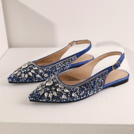 Sparkling Rhinestone-Encrusted Women's Pointed-Toe Mules - Elegant Open-Toe Sandals with Ankle Strap & Buckle Closure, Glittering Synthetic Cover Upper, Comfortable Flat Heel for Parties, Weddings, Semi-Formal Events - All-Season Versatile Dress Shoes, Low Heel Sandals for Women, Wide Fit Shoes for Women Plus Size, Sandals for Women High Quality, Womens Shoes Dressy, Flat Shoes for Women Elegant