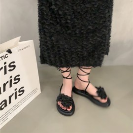 Women's Plus Size Roman Sandals - Black Synthetic Cover Adjustable Lace-Up Open-Toe Flat Sandals with Decorative Bow Accents, Comfortable Rubber Sole for Casual & Formal Occasions, Versatile Fashion Footwear | Crisscross Strap Design | Durable Footwear Construction, Strappy Sandals