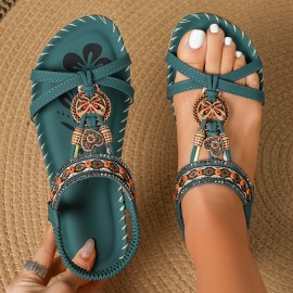 Summer Beach Sandals, Tribal Style Striped Flats for Women with Rhinestone Accents, Open Toe Slip-on, TPR Sole, Bohemian Casual Vintage Flat Heel Shoes