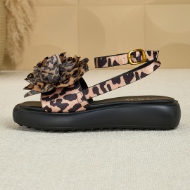 Women'S Leopard Print Flat Sandals with Floral Accents - Comfortable Soft Fabric Upper, Ankle Strap & Buckle Closure, Open-Toe Summer Beach Vacation Shoes, Casual Footwear, Stylish Flat Shoes, Durable Footwear Construction, Vacation Footwear, Trendy Footwear, Comfortable Insole, Vacation Essentials