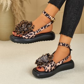 Women'S Leopard Print Flat Sandals with Floral Accents - Comfortable Soft Fabric Upper, Ankle Strap & Buckle Closure, Open-Toe Summer Beach Vacation Shoes, Casual Footwear, Stylish Flat Shoes, Durable Footwear Construction, Vacation Footwear, Trendy Footwear, Comfortable Insole, Vacation Essentials