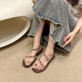 Women's Slip-On Open-Toe Sandals with & Bead Embellishments - Synthetic Cover Upper, Comfortable Low Heel, Durable Rubber Sole for Casual & Formal Wear, Stylish Outdoor Sandals | Bead Details | Elegant Design, Strappy Sandals