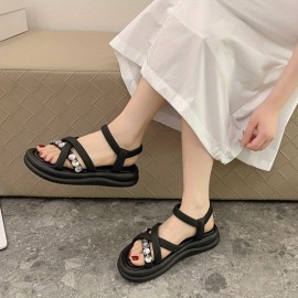 Women's Stylish Platform Sandals with Rhinestone Accents, Comfortable Open-Toe Slip-On Design, White & Black Rubber Sole, Faux Cover Upper - Perfect for Casual Summer Wear, Ladies Sandals