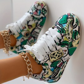 Women's Graffiti Print Sports Shoes, Fashion Lace Up Low Top Platform Sneakers, Casual Skate Shoes