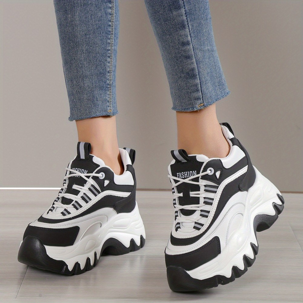Women's Colorblock Chunky Sneakers, Casual Lace Up Outdoor Shoes, Comfortable Platform Low Top Shoes