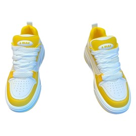 Men'S Low-Top Sneakers - Breathable Synthetic & Fabric Upper, Thick PVC Sole for Height Boost, White & Yellow Colorway, Lace-Up Casual Shoes for Casual Attire, Stylish Laceup Shoes, Modern Sneakers, Comfortable Fabric Insole