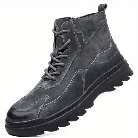 Men'S High-Top Faux Motorcycle Boots with Thick Rubber Sole, Warm Lining, and Side Zipper - Versatile for All Seasons, Casual Style, Brown, Casual Boots|Stylish High Top Boots|Rubber Sole Boots