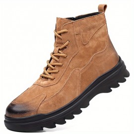Men'S High-Top Faux Motorcycle Boots with Thick Rubber Sole, Warm Lining, and Side Zipper - Versatile for All Seasons, Casual Style, Brown, Casual Boots|Stylish High Top Boots|Rubber Sole Boots
