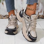 One Size Smaller Women's Minimalist Black and White Thick-Sole Lace-Up Sneakers, Breathable Mesh Material, Comfortable for Daily Wear and Light Sports