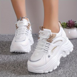 Women's Solid Color Mesh Sneakers, Lace Up Low-top Round Toe Heightening Thick Sole Trainers, Versatile Comfy Shoes