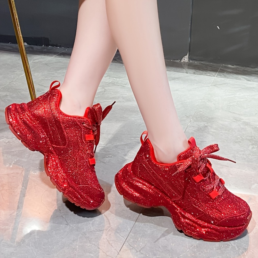 New Women'S Fashion Sneakers - Thick Sole, Lace-Up, Round Toe, Fabric Upper, Rubber Sole, Synthetic Insole, All-Season Casual Shoes with Crystal Embellishments - Perfect for Holiday Parties & Casual Attire, Casual Footwear | Stylish Laceup Shoes | Durable Rubber Sole, Glitter Sneakers For Women, Red Sneakers For Women, Platform Sneakers For Women, Shiny Sneakers For Women, Fashionable Sneakers For Women, Platform Sneaker For Women