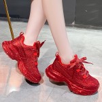 New Women'S Fashion Sneakers - Thick Sole, Lace-Up, Round Toe, Fabric Upper, Rubber Sole, Synthetic Insole, All-Season Casual Shoes with Crystal Embellishments - Perfect for Holiday Parties & Casual Attire, Casual Footwear | Stylish Laceup Shoes | Durable Rubber Sole, Glitter Sneakers For Women, Red Sneakers For Women, Platform Sneakers For Women, Shiny Sneakers For Women, Fashionable Sneakers For Women, Platform Sneaker For Women