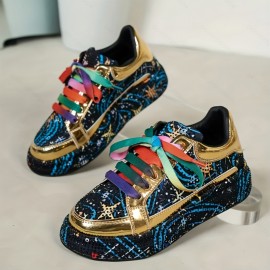 Women'S Rhinestone-Embellished Low-Top Sneakers - Sparkling Round-Toe Lace-Up Casual Shoes with Durable Rubber Sole, All-Season Comfort & Retro Cartoon Graffiti Design, Synthetic Cover Upper & Fabric Lining for Casual Attire, Label Wearers | Hook and Loop Closures, Delicate Shoe Charm, Geometric Pattern of Style, Holiday Charm, Exquisite Popular Style, Synthetic Material Suitable