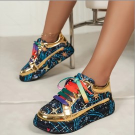 Women'S Rhinestone-Embellished Low-Top Sneakers - Sparkling Round-Toe Lace-Up Casual Shoes with Durable Rubber Sole, All-Season Comfort & Retro Cartoon Graffiti Design, Synthetic Cover Upper & Fabric Lining for Casual Attire, Label Wearers | Hook and Loop Closures, Delicate Shoe Charm, Geometric Pattern of Style, Holiday Charm, Exquisite Popular Style, Synthetic Material Suitable