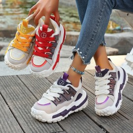 Women'S Chunky Gray & Purple Sneakers - Casual Lace-Up Sneakers with Thick Rubber Sole, Fashionable Low-Top Design, All-Season Wear