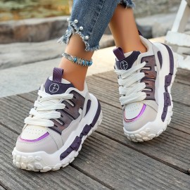 Women'S Chunky Gray & Purple Sneakers - Casual Lace-Up Sneakers with Thick Rubber Sole, Fashionable Low-Top Design, All-Season Wear