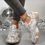 Women'S Sparkling Rhinest-Em Thick-Soled Sneakers - Stylish Low-Top Lace-Up Casual Shoes with Round Toe, Fabric Upper & Rubber Sole for All-Season Outdoor Wear, Ladies Sneakers, Allseason Footwear, Durable Traction Footwear