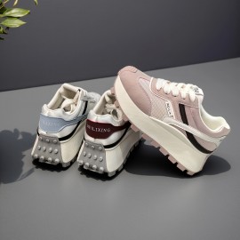 Women'S British-Inspired College Style Lace-Up Sneakers - Breathable Mesh & Thick Cushioned Sole, Geometric Pattern Low-Top Casual Shoes for All-Season Comfort, Ladies Sneakers, Durable Tpr Sole