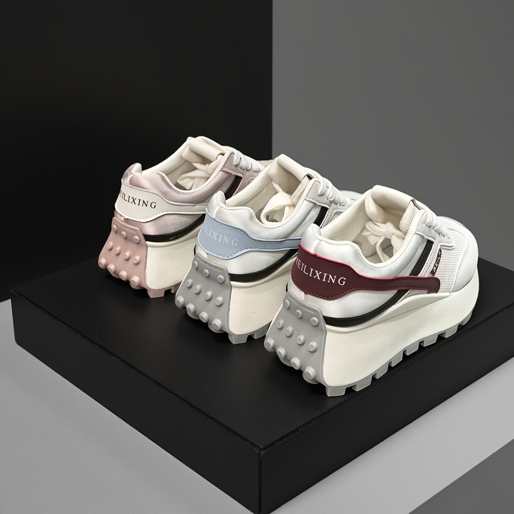 Women'S British-Inspired College Style Lace-Up Sneakers - Breathable Mesh & Thick Cushioned Sole, Geometric Pattern Low-Top Casual Shoes for All-Season Comfort, Ladies Sneakers, Durable Tpr Sole