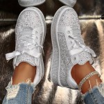Women's Rhinestone-Embellished Low-Top Lace-Up Sneakers - Sparkling Crystal Accents, Breathable Fabric Upper & Rubber Sole, Round Toe Comfort for Casual & Semi-Formal Wear, Versatile Fashion Shoes, Decorative Lace Shoes, Durable Footwear, Casual Attire, Stylish Sneakers, Quality Construction, Stylish Ladies